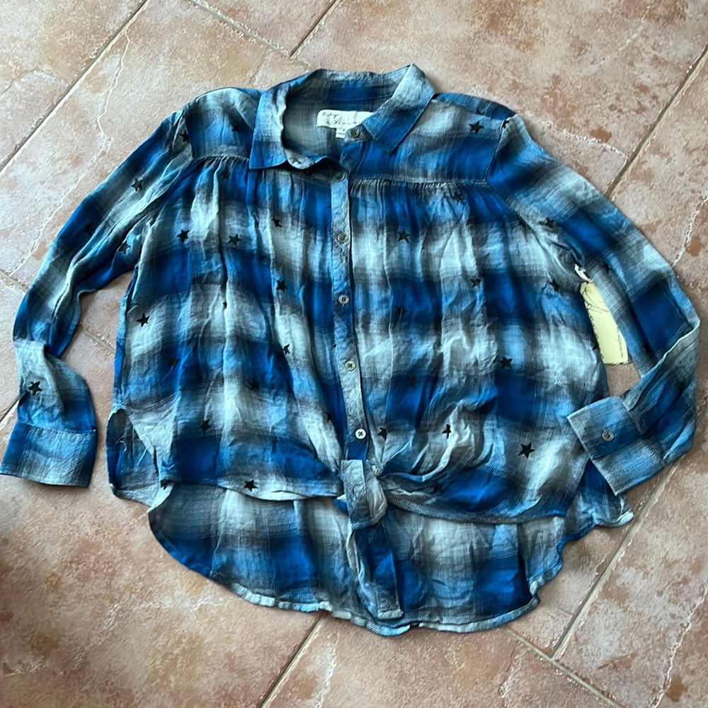 Vintage Havana Blue and White Plaid Tie-Front Star Button-Up Blouse